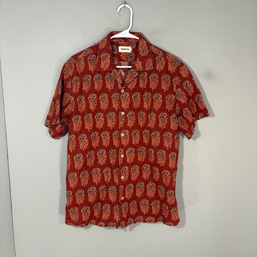 Taylor Stitch Shirt Mens 42 Red Floral Print Short Sleeve Button Up Linen Casual